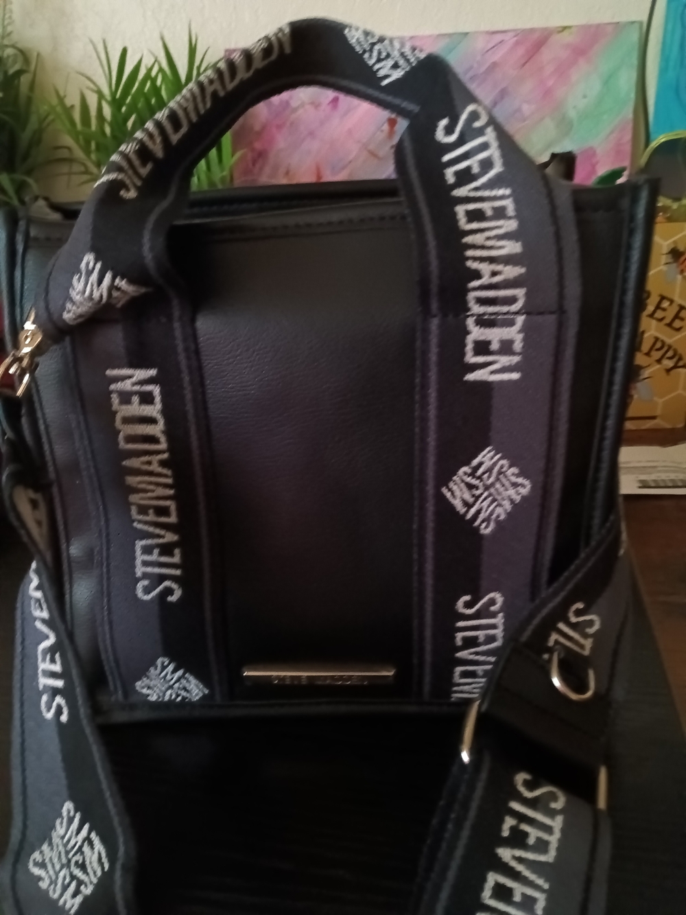 Steve Madden Black Leather Messenger Bag with Branded Webbing Strap